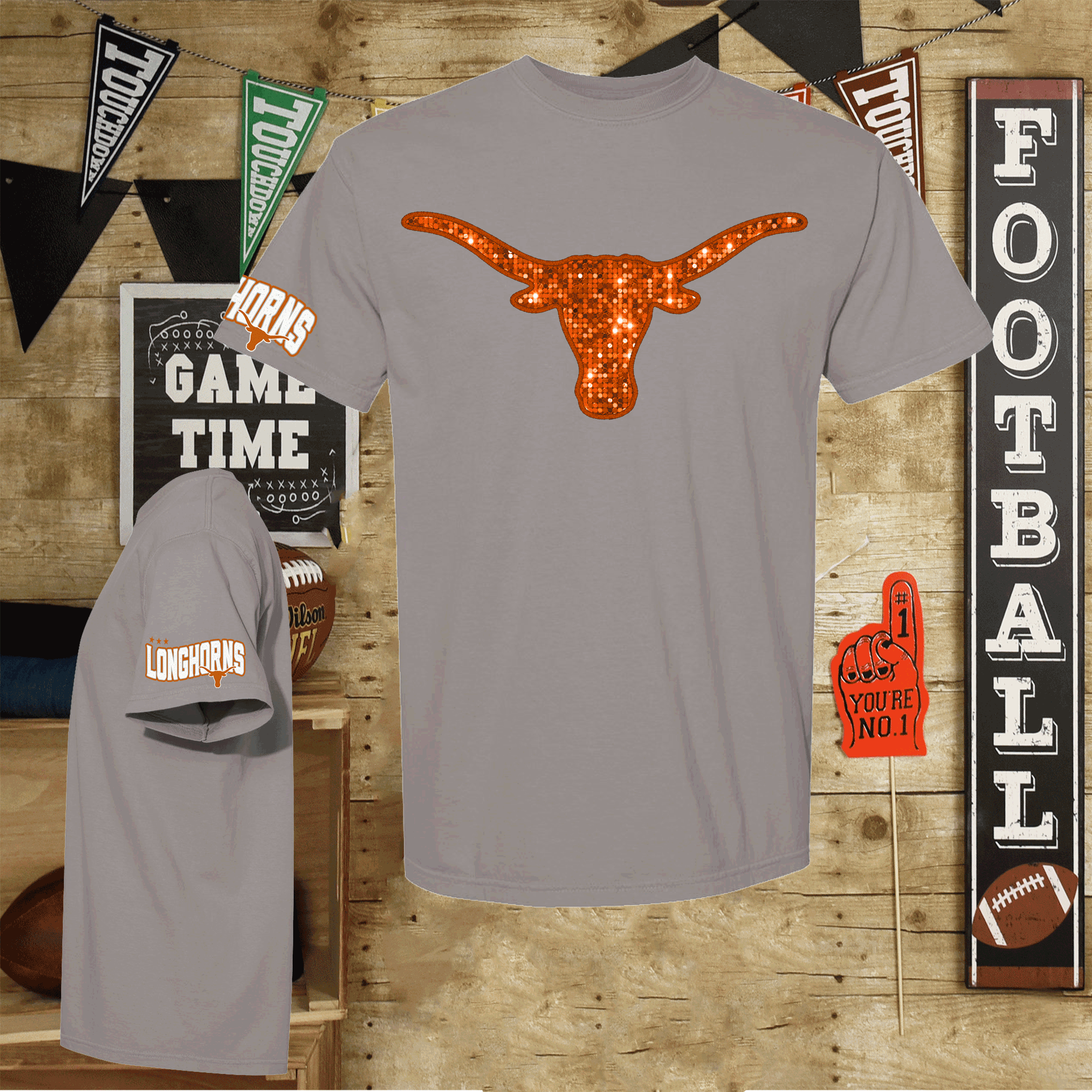 University of Texas Football Shirts, Longhorns Football sweatshirts, SEC Football, College Football, Hook em Horns, Faux Glitter Longhorn