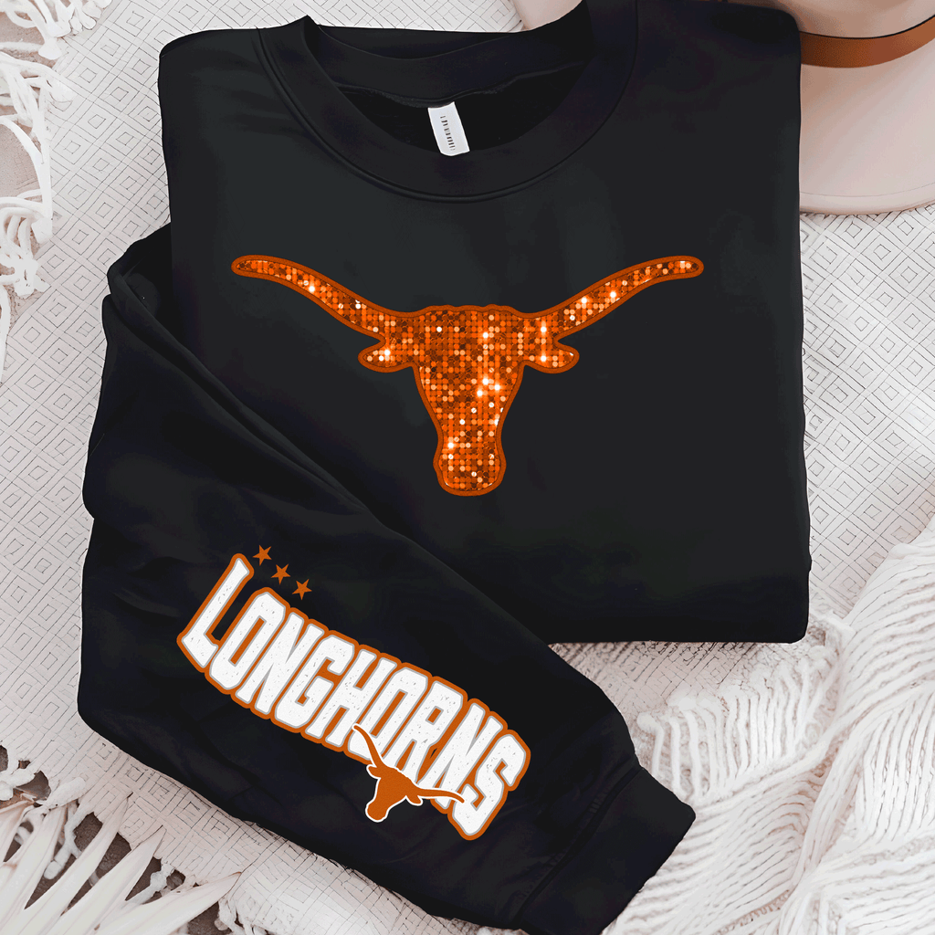 University of Texas Football Shirts, Longhorns Football sweatshirts, SEC Football, College Football, Hook em Horns, Faux Glitter Longhorn