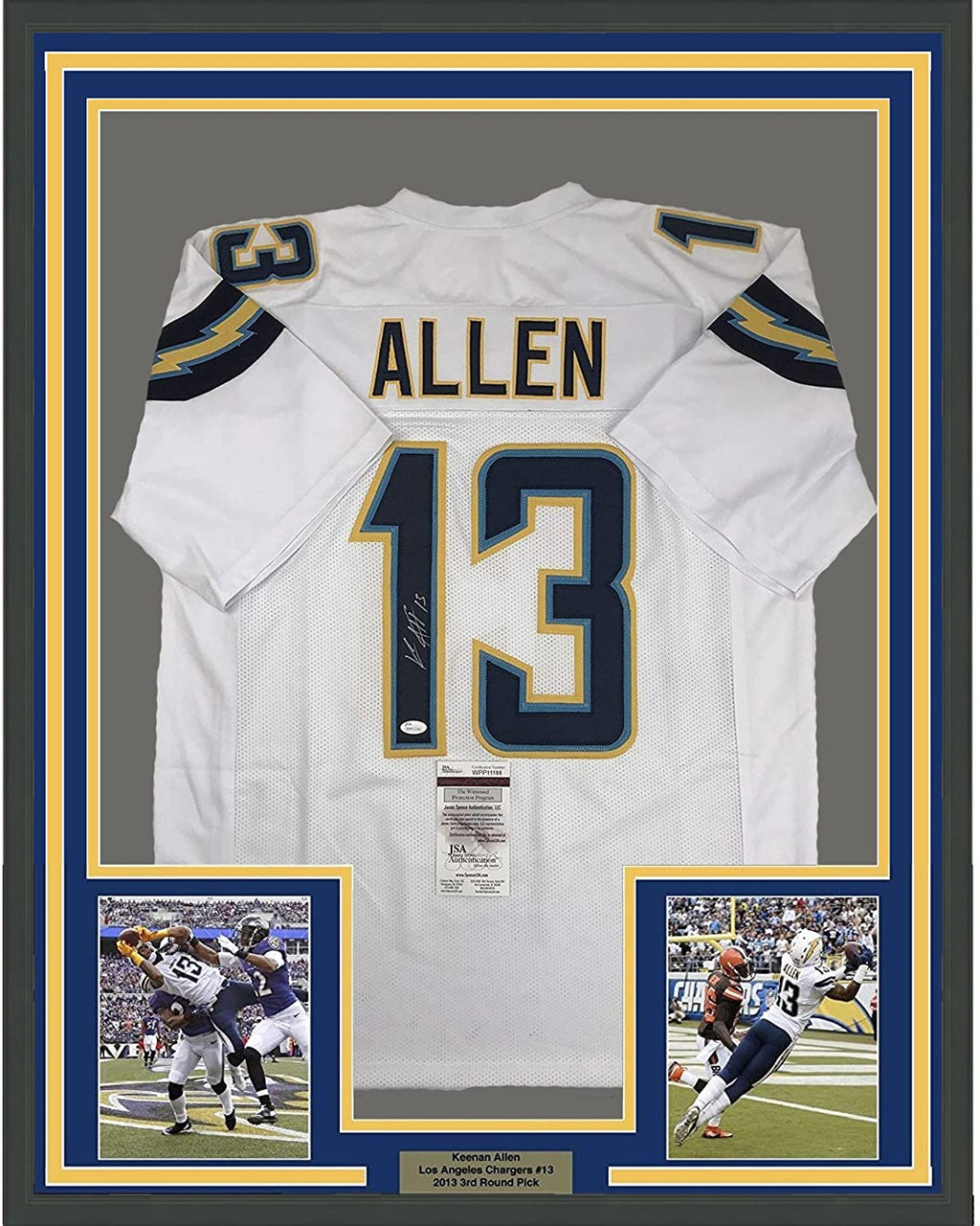 Framed Autographed/Signed Keenan Allen 35x39 Los Angeles LA Chargers White Football Jersey JSA COA