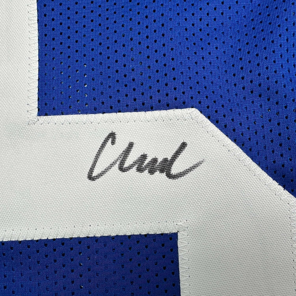 Framed Autographed/Signed Abdul Carter 35x39 New York Blue Football Jersey Beckett BAS COA