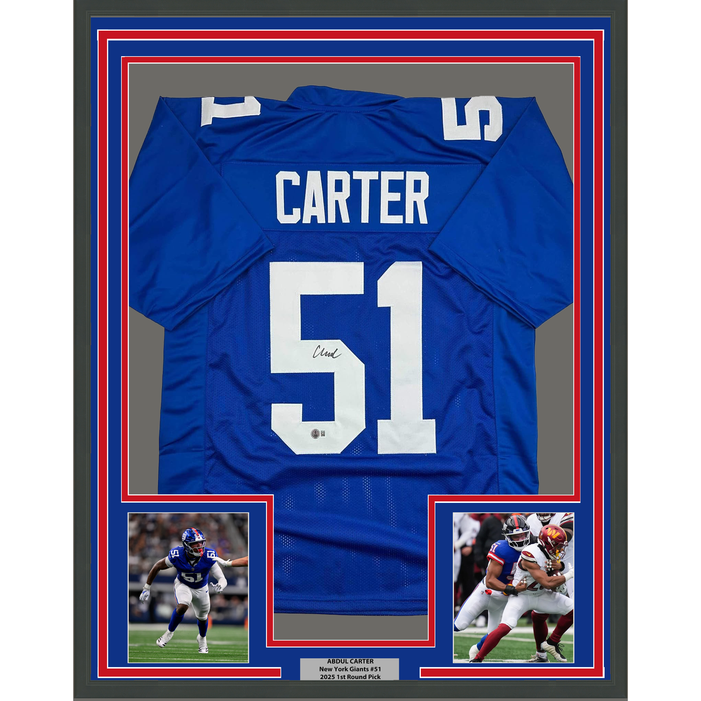 Framed Autographed/Signed Abdul Carter 35x39 New York Blue Football Jersey Beckett BAS COA