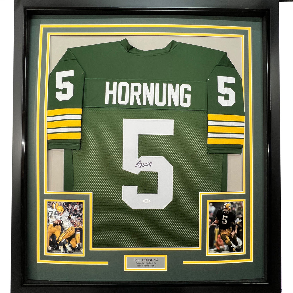 Framed Autographed/Signed Paul Hornung 35x39 Green Bay Green Football Jersey JSA COA