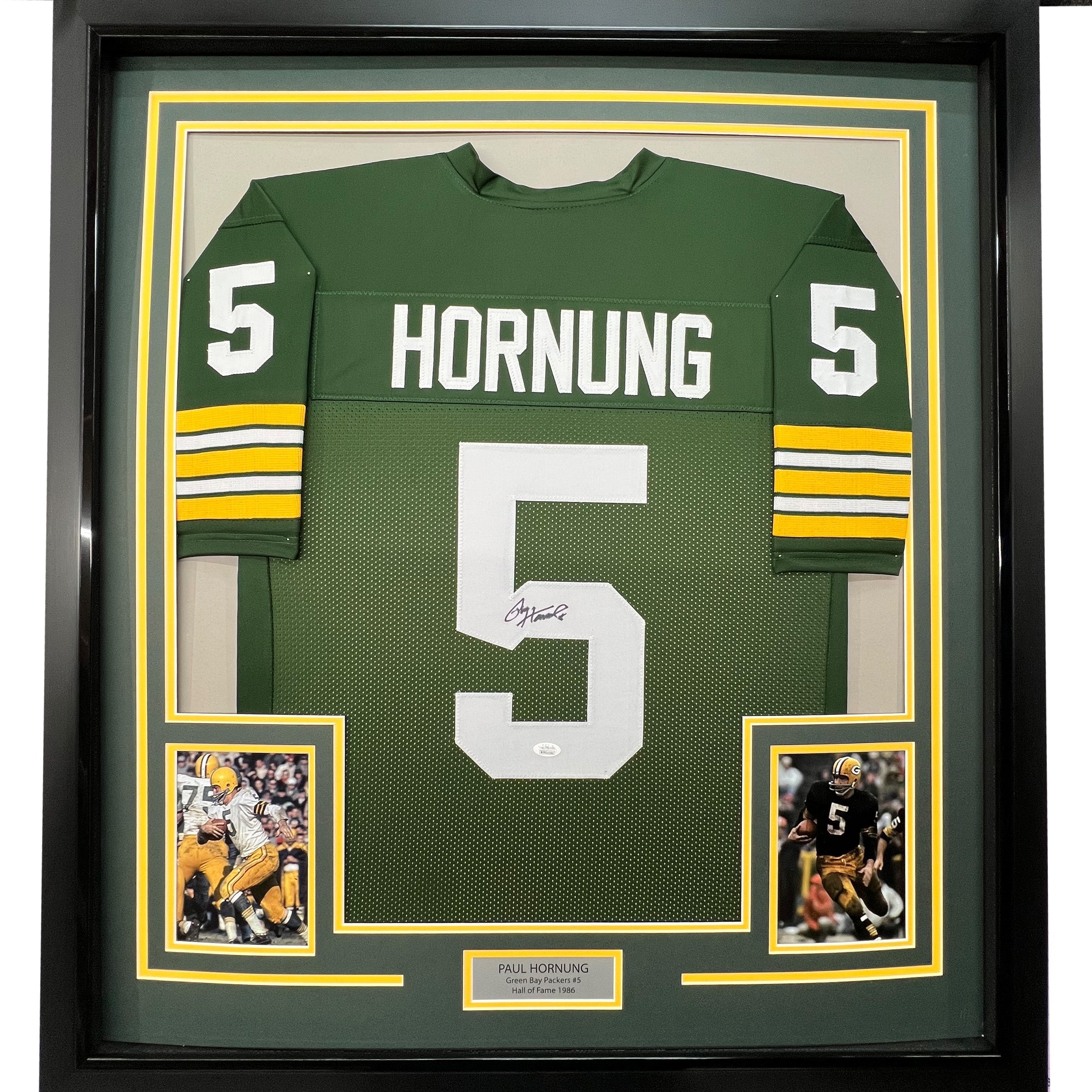 Framed Autographed/Signed Paul Hornung 35x39 Green Bay Green Football Jersey JSA COA