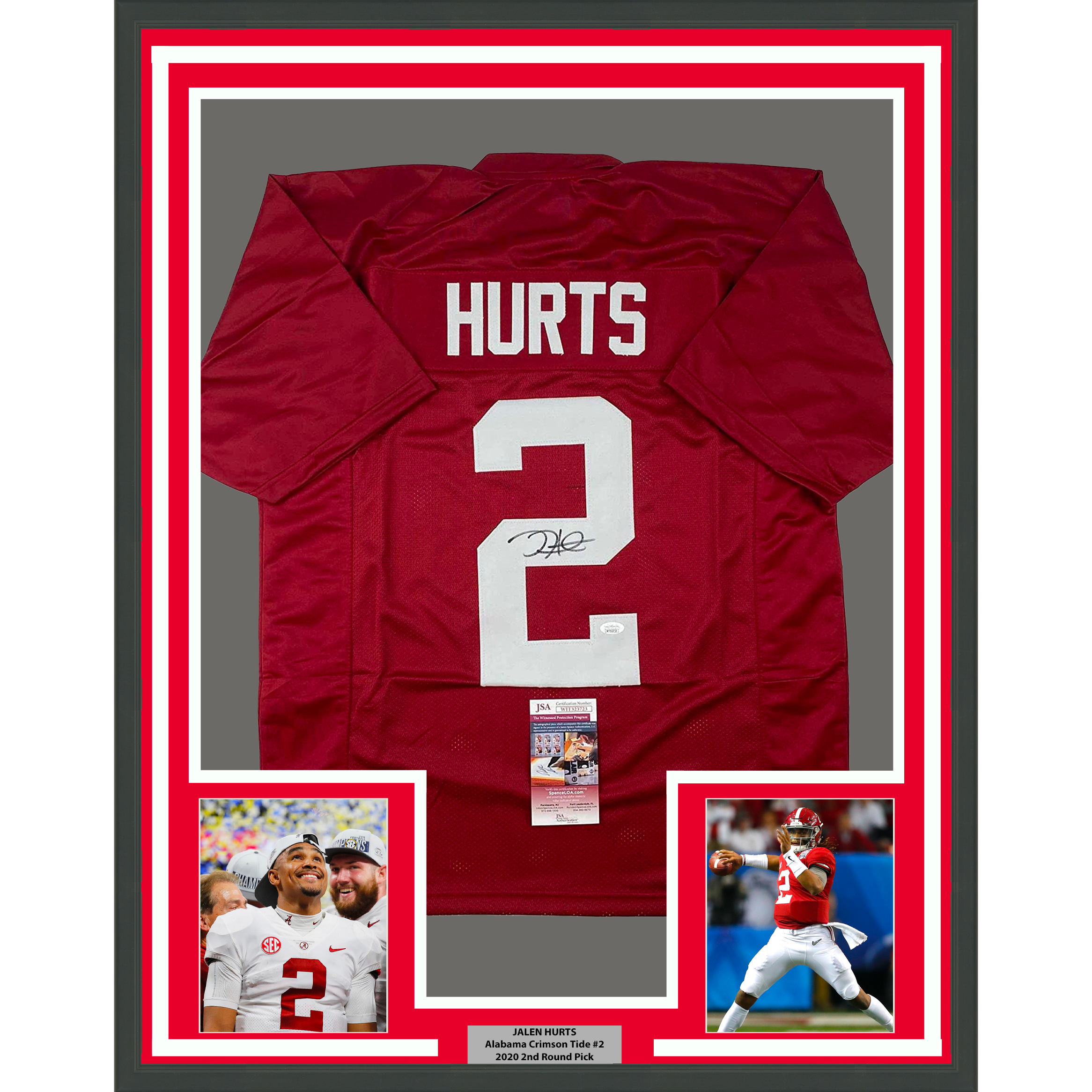 Framed Autographed/Signed Jalen Hurts 35x39 Alabama Red College Football Jersey JSA COA