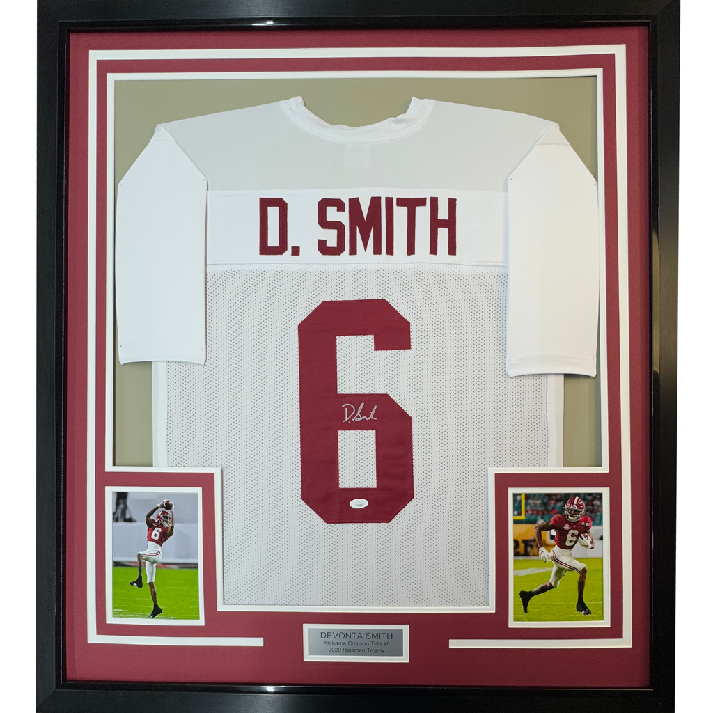 Framed Autographed/Signed Devonta Smith 35x39 Alabama White College Football Jersey JSA COA