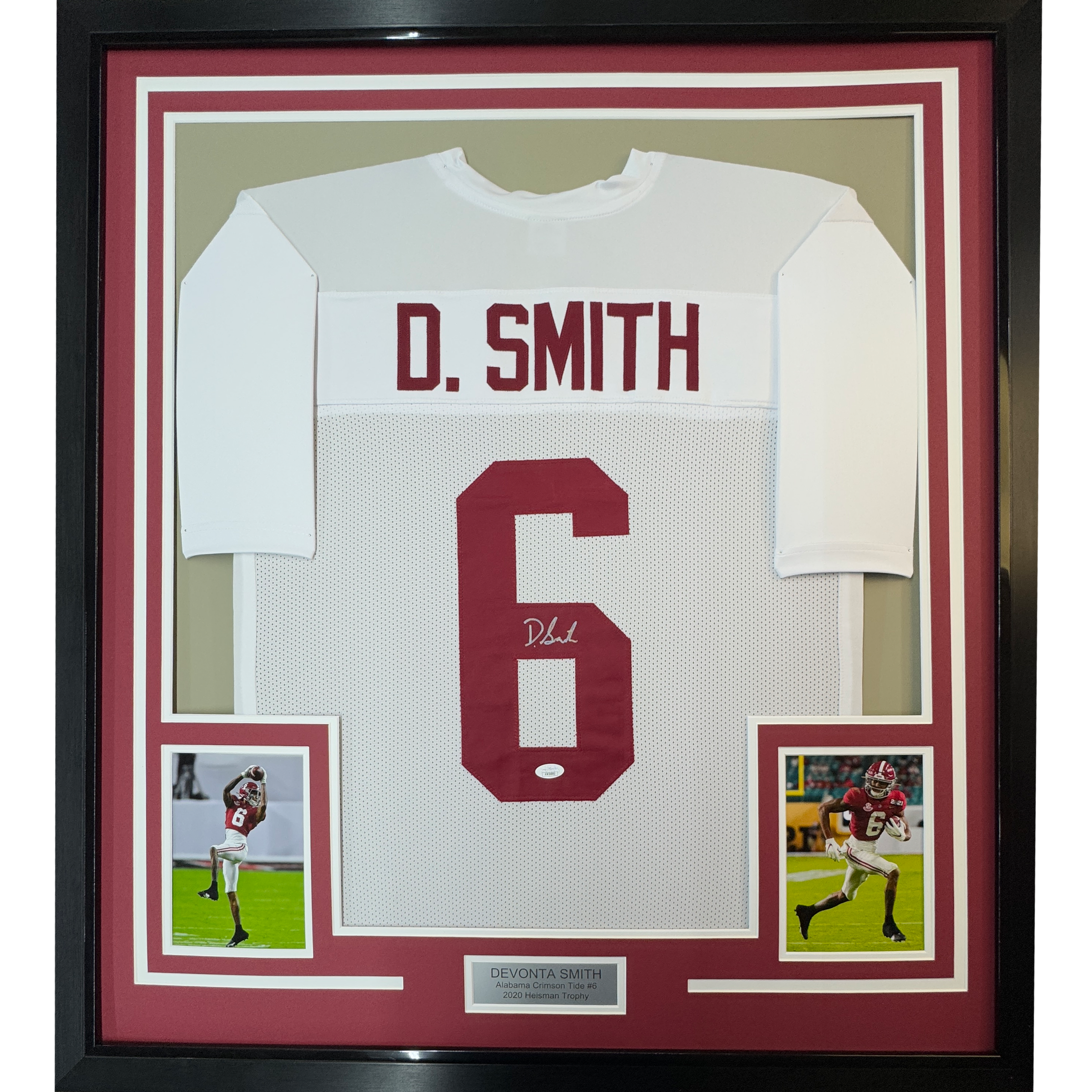 Framed Autographed/Signed Devonta Smith 35x39 Alabama White College Football Jersey JSA COA