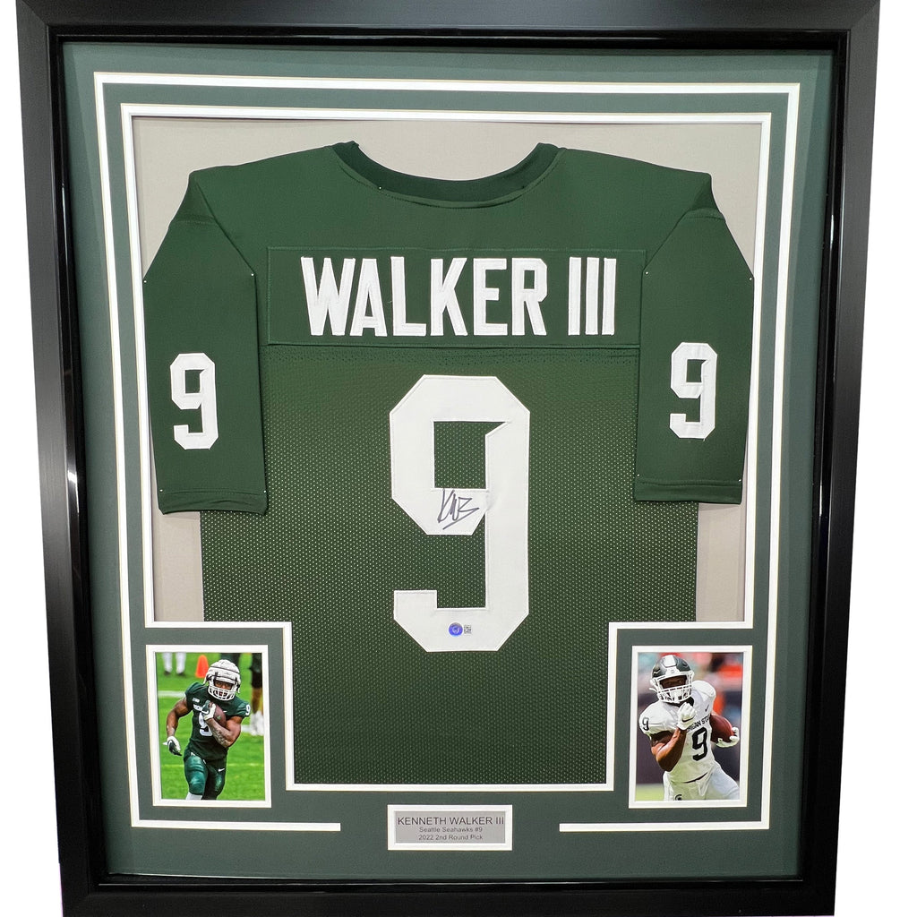 Framed Autographed/Signed Kenneth Walker III 35x39 Michigan State Green College Football Jersey Beckett BAS COA
