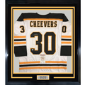 Framed Autographed/Signed Gerry Cheevers HOF 85 35x39 Boston White Hockey Jersey JSA COA