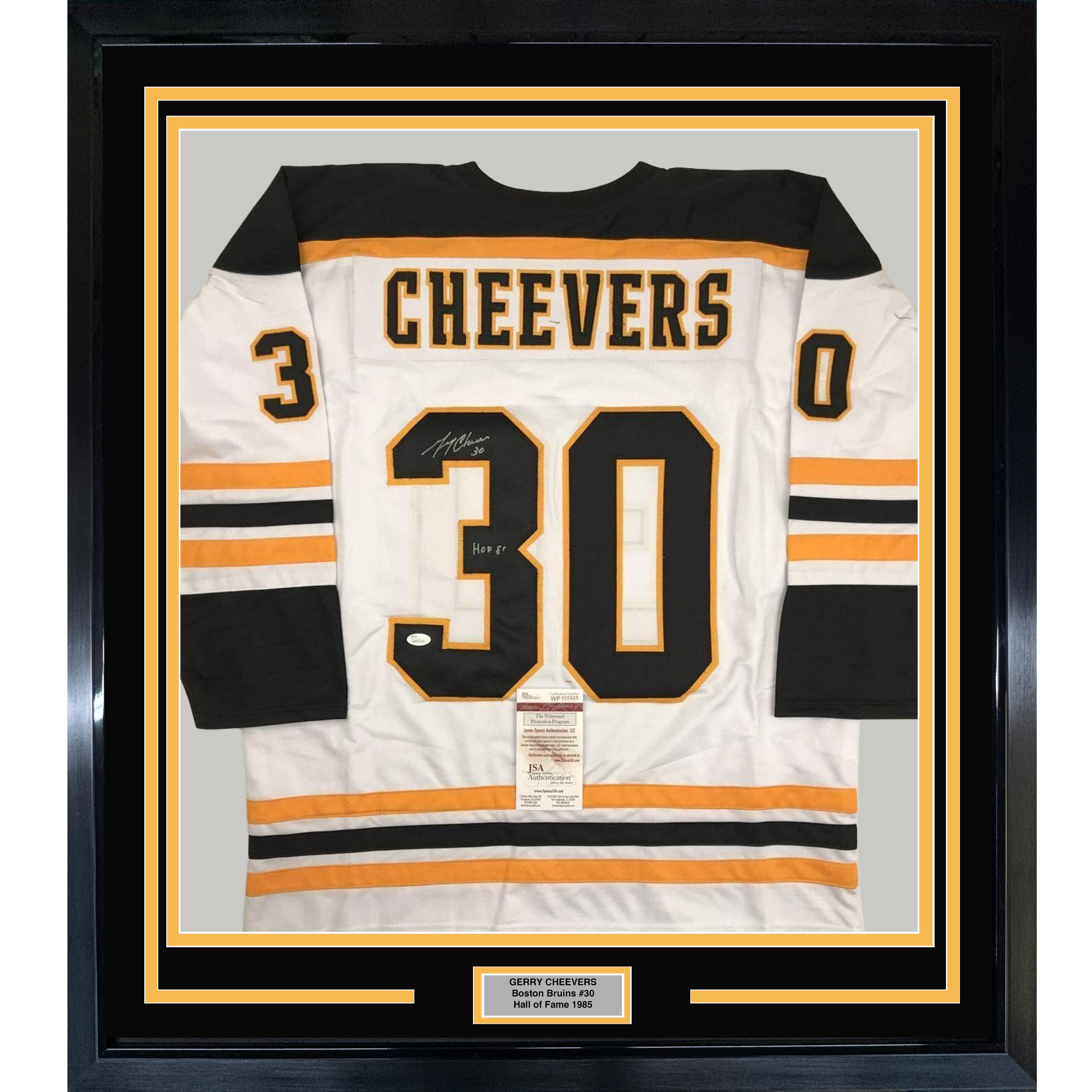 Framed Autographed/Signed Gerry Cheevers HOF 85 35x39 Boston White Hockey Jersey JSA COA