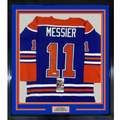 Framed Autographed/Signed Mark Messier 35x39 Edmonton Blue Hockey Jersey JSA COA